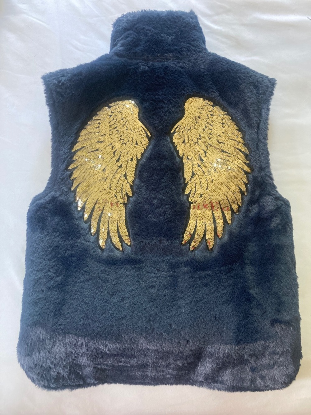 Max Alexander Angel Wing Faux Fur Vest Navy Gold Sequin Wings — NWT